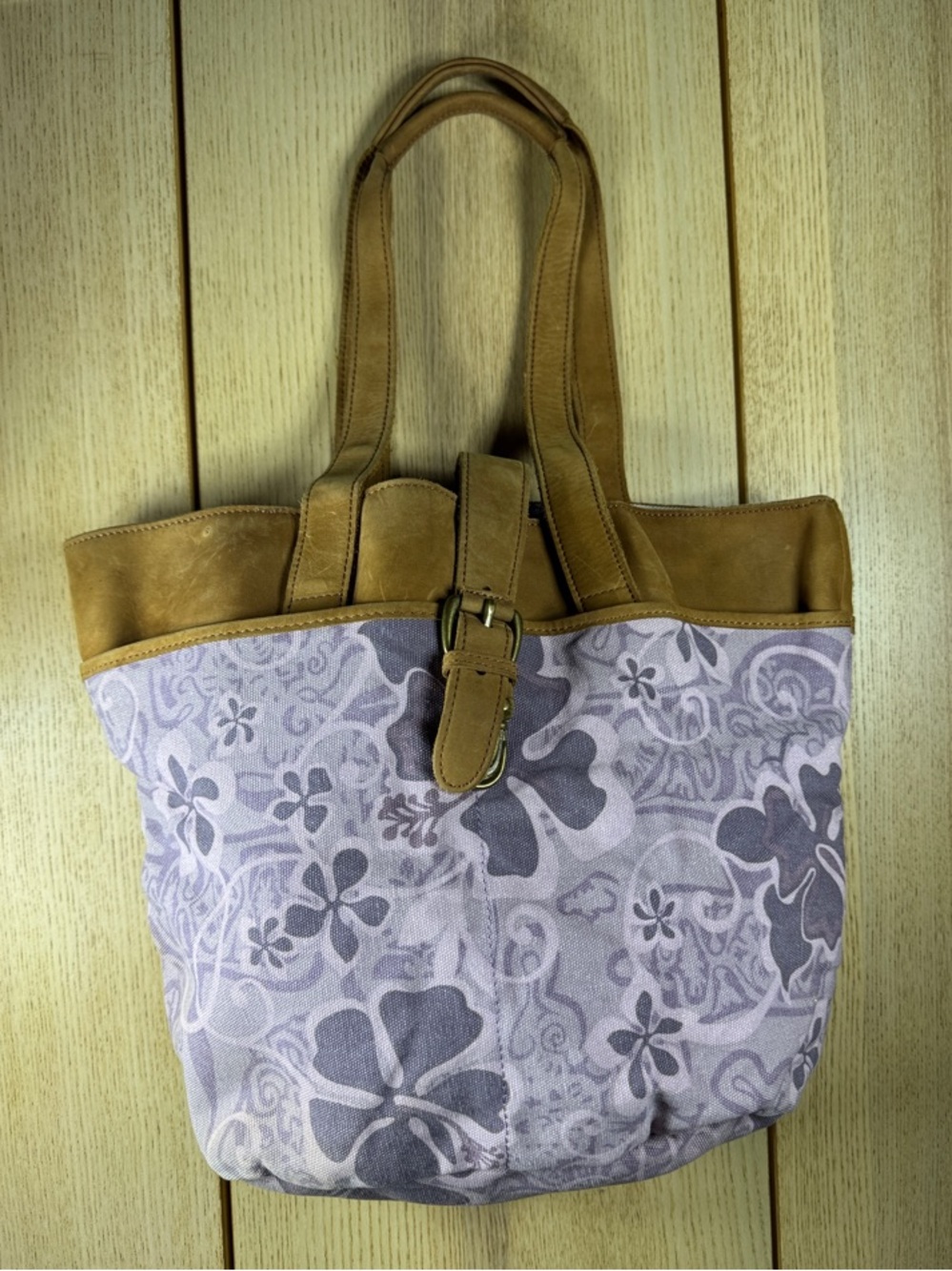 Y2K Purple Floral Canvas and Tan Leather Tote Bag Hibiscus Print Shoulder Bag